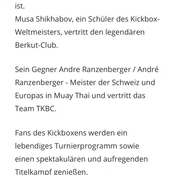 Zeitungsbericht zum WKF-Europameisterkampf mit einem Bild des Gürtels